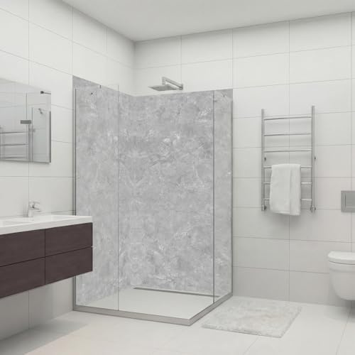 Dedeco Eck-Duschrückwand wasserfest als Badrückwand zum Fliesenersatz, als Dekorwand, Wandverkleidung Duschplatte Motiv: Marmor V24 Aluminium 3mm 2x 210 x 100 cm Standard