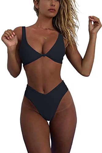 geluboao Bikiniset för kvinnor fräck hög midja knut fram justerbar tvådelad baddräkt, Svart justerbar, M