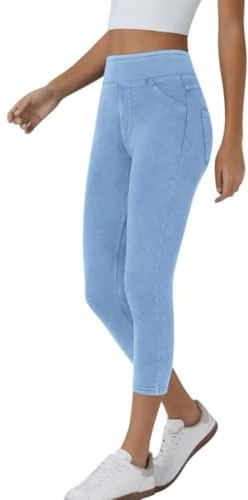 Minetom Leggings Damen 3/4 Skinny Jeans High Waist Jogginghose 7/8 Denim Jeggings Stretch Hose Mit Taschen Pants Fitnesshose Yogahose Streetwear A Hellblau XL