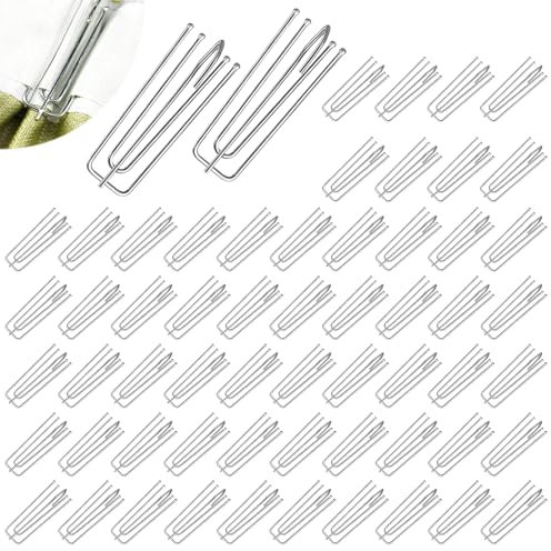 Pmueuff Ganci Pieghe per Tende, 60 Pezzi Ganci per Tende in Acciaio Inox con 4 Denti Gancetti Tende Binario Ganci per Tende in Metallo per Tende a Pieghe con Fettuccia, Gancio da Tende Metallo