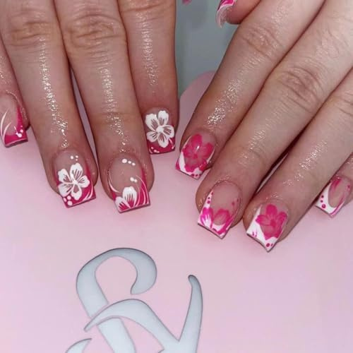 24 Stück French Press on Nails - Kurze Quadratische Künstliche Nägel - Rosa Weiß Blumen Falsche Nägel - Full Cover Kunstnägel Glänzend Acryl Fingernägel Zum Aufkleben für Frauen & Mädchen