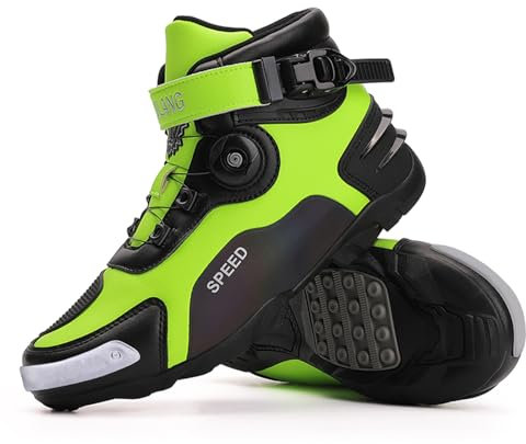 FHQGZT Bottes de Moto Homme Renforcées, Chaussueres de Motard avec Système de Fermeture ATOP, Motocross Support de Cheville, Semelle Antidérapante respirantes pour motards (Green,47 EU)