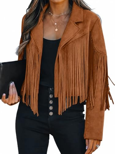 Bibowa Giacche in finta pelle scamosciata per donna, tendenza autunnale, western, con frange, giacca cropped 2025, nappa da motociclista, cappotto corto, Marrone chiaro, L