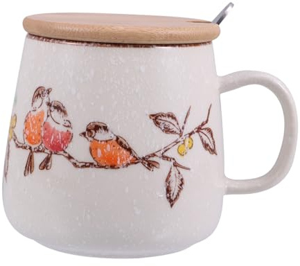 LIGIGWASH Taza de Postre con Tapa y Cuchara de Cerámica Retro | Multiuso, Antiquemaduras, Estilo con Estampado, para Desayuno y Bebidas