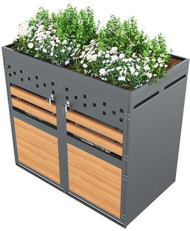 Mülltonnenbox Metall 2er mit Pflanzdach für 120–240L Mülltonnen,verzinkter Stahl mit Holzoptik-Tür,abschließbar mit Belüftungsschlitzen,Pflanzgefäß mit Ablauflöchern,Erweiterbar,wetterfest (Grau,1)