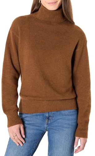 Amazon Essentials Women's Relaxed-Fit Cotton Blend Turtleneck Pullover Sweater, Caramel Heather, Small