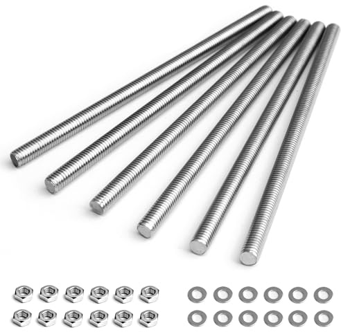 6pcs M6 x 100mm Fully Threaded Rod, 304 Stainless Steel Right Hand Threads Rods, with Nuts and Flat Washer,for Clamps, Hangers and U-Bolts (M6 x 100mm)