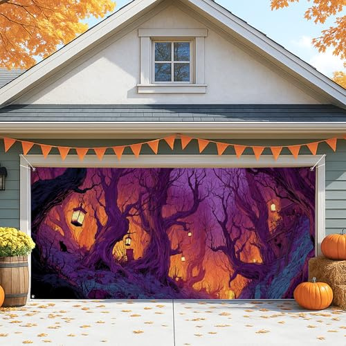 Cubierta espeluznante para puerta de cochera, árbol embrujado, decoración de Halloween, decoración de otoño al aire libre e interior, decoración de telón de fondo de fiesta de 157 x 71 pulgadas