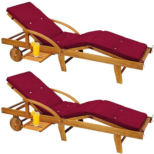Casaria® Sonnenliege 2er Set Holz inkl. Auflage Rot 320kg Belastbar 2 Personen Klappbar Gartenliege Räder 195x55cm Verstellbar Ablage Akazie Liege Terrasse Wetterfest