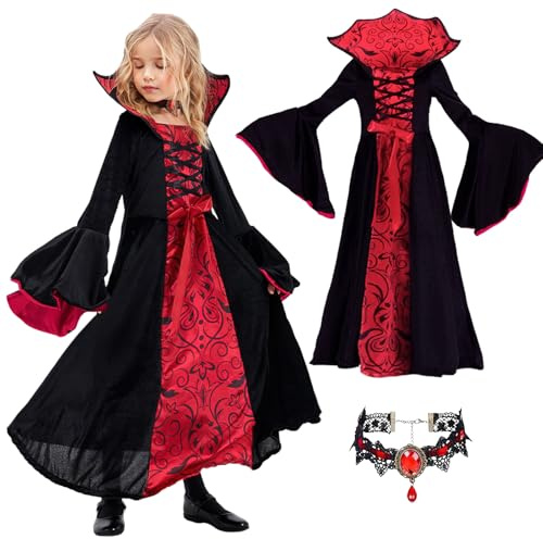 XIMEY Halloweenkostym barn vampyr, halloweendräkt barn flickor, Dracula kostym för barn 7–12 år, karneval, cosplay, maskerad (D, M)