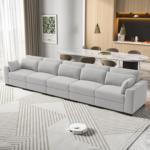 MIOOSUT Divano convertibile a 5 posti, divano moderno, divano modulare, mobile imbottito design moderno, con cuscino, tessuto velluto a coste, soggiorno (grigio, 5 posti)