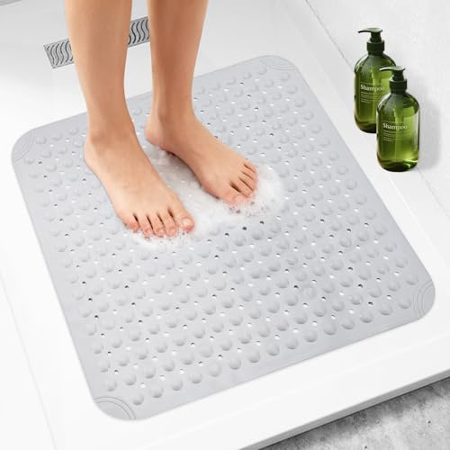 Holtrae Duschmatte Rutschfest 80x80cm mit Ablauflöchern und Saugnäpfen Antirutschmatte Dusche Duscheinlage Bodenmatte Saugnapf Massage Saunen Ältere Menschen Duschräume (Grau)