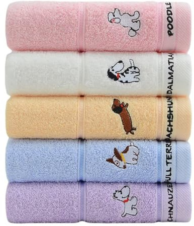 Cute Kids Washcloth Hand Towels Set 5 – 100% Cotton, Soft, Absorbent, Quick Dry – Dog Series
