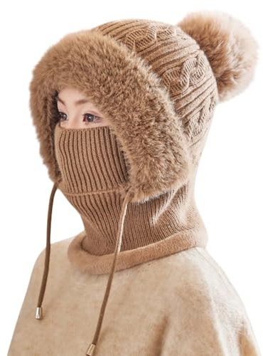 Generisch Mütze Damen Wintermütze Balaclava Damen 3 in 1 Beanie Mütze Warm Strickmütze & Halswärmer Sets Multifunktional Verstellbar Gesichtsmaske für Täglich und im Freien Wintermütze