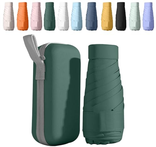 Mini Paraguas Plegable, Paraguas Pequeño de Bolsillo con Protección UV 50+ y Antiviento | 6 Costillas Reforzadas | Incluye Estuche Compacto | Portátil para Viaje, Sol y Lluvia | Unisex (Verde Oscuro)