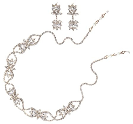 EPIGEIST Diadema de Novia Dorada Elegante Pendientes Colgantes de Aleación y Cristales para Bodas y Fiestas, Fácil de Usar y Material Cómodo para Mujer