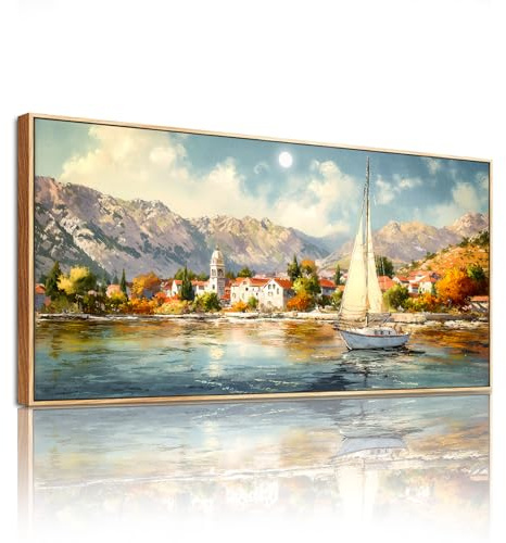 SERIMINO Modern Wandbild mit Rahmen Vintage Landschaft Bilder 50x100 cm | Küstenstadt Segelschiff Wanddeko, Hd Druck, Massivholzrahmen, Einfache Montage, Mehrgrößen Mehr, Vielseitig Einsetzbar
