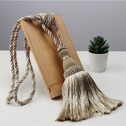 2 x Quasten-Vorhang-Raffhalter, europäischer Stil, Quastenseil, handgefertigte Vorhanghalter, Clips, hängende Kugeln, Vorhangzubehör (beige)