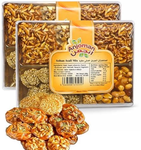 Anjoman Honey Mixed Nuts Sohan 2 x 500g – Crunchy Honey Nut Brittle with Sesame – Traditional Mixed Nut Toffee Candy – Value Multipack