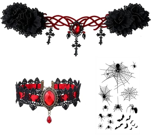 Accessoire Halloween Femme, Serre Tete Halloween Femme avec Roses Noires Rouges et Cristal, Gothique Femmes Collier Ras du Cou et Stickers, Accessoire Sorciere Femmes pour Vampire Cosplay Carnaval