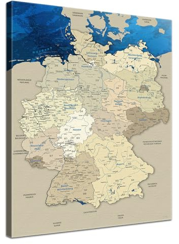 LANA KK - Premium Pinnwand Deutschlandkarte - Blue Ocean - Deutsch - in 40 x 60 cm, stabile Rückwand zum Pinnen inkl. Starterkit - Leinwand-Kunstdruck Wandbild Landkarte XXL