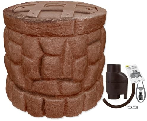 Regentonne Märchenbrunnen 330l mit Fallrohrfilter T33 FROSTSICHERES Regenfass mit stabilem Deckel und Wasserhahn, schöner und Fast unverwüstlicher Regenspeicher, wie gemauert