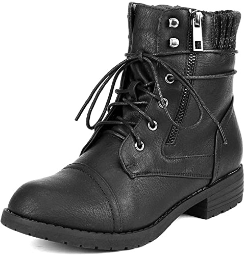 DREAM PAIRS Stivali da Donna con Tacco Grosso e Stivaletti Pelle PU Stivaletti con Tacco Spesso e Suola Spessa in TPR Con Lacci