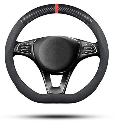Ergocar Auto Lenkradbezug Rutschfester Auto Lenkradschutz D-Form Veloursleder aus Wildleder Leder Geeignet für alle Jahreszeiten für Durchmesser 38cm (15 ) (Schwarz Streifen)