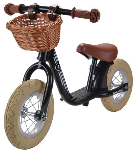 Bandits & Angels Laufrad aus Metall mit Weidenkorb Retro Schwarz mit Trittbrett ab 2 Jahren – Schwarzes Lauflernrad – Verstellbarer Sattel 29 bis 39 cm – Für Jungen und Mädchen – Niedriger Einstieg