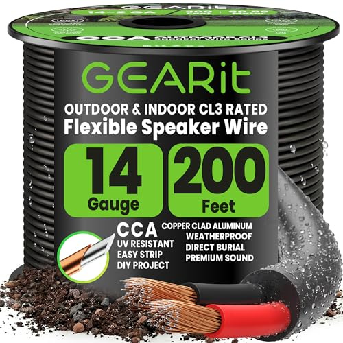 GEARit 2x2.5mm² Speaker Cable, CL3 In-Wall Rated CCA Speaker Wire, 14AWG 2 Core Audio Cable for Home Cinema, Outdoor Direct Burial, Garden Speakers and Car Stereo- 60.96m/200ft, Black