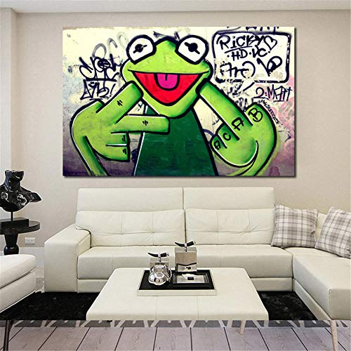 Bilder,Poster Kunstdrucke,Street Graffiti Art Frosch Kermit Finger Ölgemälde Auf Leinwand Poster Und Drucke Cuadros Wandkunst Bilder, Für Wohnzimmer, Poster Für Kinder Schlafzimmer_50X70Cm