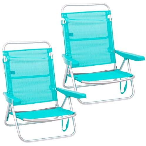 LOLAhome Pack 2 Sillas Playa Plegables | Ligera Portátil | Baja y Reclinable de 4 Posiciones | para Camping, Piscina, Terraza o Jardín Aguamarina