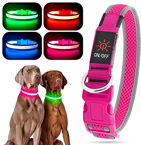 YFbrite Light up Dog Collar, Rechargeable LED Dog Collar, Flashing Dog Collar, Adjustable Reflective Dog Collar Safety Glowing at night (Pink, Medium)