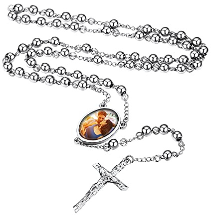 Custom4U Collana con Perle del Rosario Colorato in Acciaio Inossidabile con Foto Personalizzata Ciondolo Croce Gesù Crocifisso con Catena Regolabile Gioielli Religiosi Cristiani Cattolici