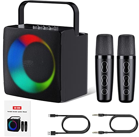 HIUYRFS Máquina de Karaoke con 2 Micrófonos Inalámbricos, Altavoz Efectos Cambiador de Voz y Luces LED, Karaoke Completo Portátil Soporte Tarjeta TF, AUX, USB para Infantil, Adultos, Negro
