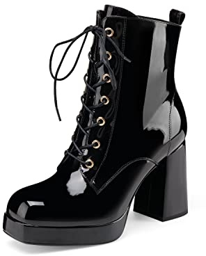 Oh Mispares Women's Platform Ankle Boots with High Chunky Heel Fashion Lace-up Square toe Black Patent Leather Booties(patent,8.5)