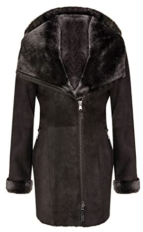 Infinity Leather Damen Mantel aus Shearling-Schaffell Merino Veloursleder mit Kapuze