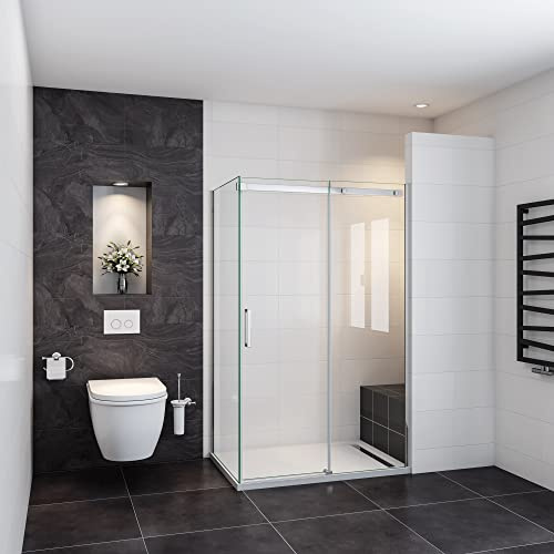 Box Doccia Angolare alto 195 cm Porta Scorrevole 120x70cm Vetro 8 mm | Anticalcare, Trasparente, Temperato, Vetro, Telai in Alluminio Cromato Lucido