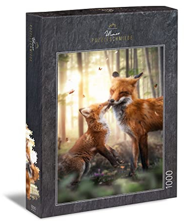 Ulmer Puzzleschmiede - Puzzle „Frühlingsgefühle“ - Die Füchse als sanftmütiges Puzzlemotiv mit 1000 Teilen - Fuchs-Welpe gibt Fuchs-Mama einen Kuss im sonnigen Wald - Puzzle-Qualität Made in Germany