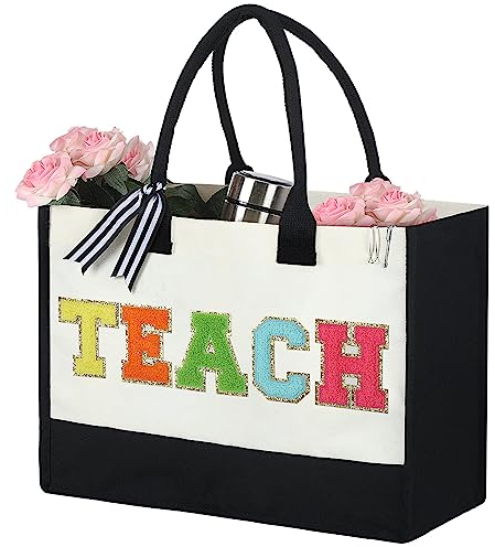 Silkfly Lehrer-Geschenke Leinwand Tasche Chenille Brief Patches Tasche Lehrer Wertschätzung Geschenke Lehrer Tote Bag, Wie abgebildet., 17 x 11.8 Inches