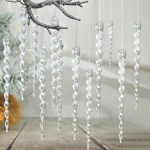 36 pcs icicles Ornament Christmas Tree Ornaments Set and10m/3.28 Foot Crystal Thread Christmas Decoration Acrylic Clear icicles Set Ornaments for Xmas Tree Decorations Wedding Party Winter Decoration.