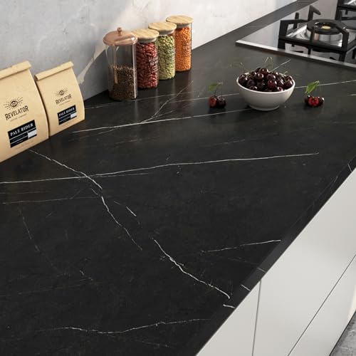 FunStick 60CM×5M Papier Peint Adhesif Mural Marbre Cuisine Chambre Rouleau Adhesif Decoratif Meuble Table Noir Papiers Peints Autocollant Mural Marbre Papier Adhésif pour Plan de Travail Cuisine Noir