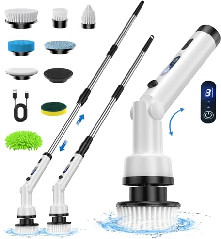ETENTOUS Spazzola Rotante Pulizia Casa, 8 in 1 Spazzola Elettrica per Pulizia con 140cm Impugnatura Regolabile, 3 Velocità 3 angoli Electric Cleaning Brush per Vasca, Cucina, Pavimento, Scanalature