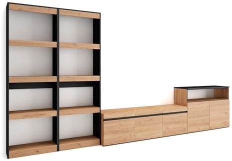 Skraut Home | Wohnwand Wohnzimmer | Wohnzimmermöbel, Möbelset | 370x186x35cm | Für TV-Geräte bis zu 65 | Wohnzimmer Möbel | Moderner Stil | Eiche Schwarz