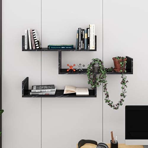 HOCUS PICUS Tibet 3 Tier Wall Shelf, Modern Design, 3 Piece Floating Shelf, Many Colour Options, Easy to Assemble, Living Room Office Storage - 119x 66.5x22cm (Black Marble Effect)