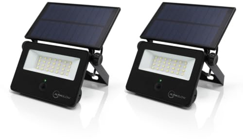 Auraglow Solar Security Flood Lights with PIR Motion Sensor, 2 Pack | 850 lumen daylight white, IP54 weather resistant, adjustable angle, for garden, patio, fence and driveway