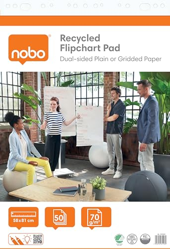Nobo Recycling Flipchart-Block 58 x 81 cm, nachhaltiges doppelseitiges Flipchart-Papier, blanko & kariert, 50 Blatt, 70g/m², 1 Packung, gerollt verpackt, für Meetings & Brainstorming überall, 1915659