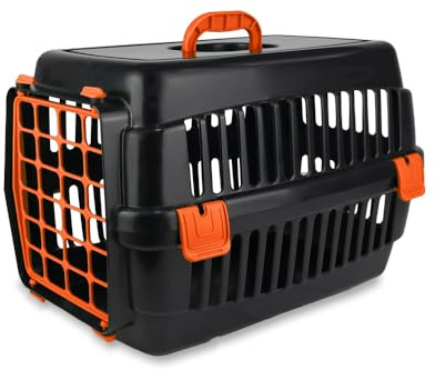 Robuste Katzen-Transportbox | Strapazierfähige Hartschalen-Katzenbox aus Hartplastik | Schlagfeste Kunststoffbox für Katzen (Schwarz-Orange)