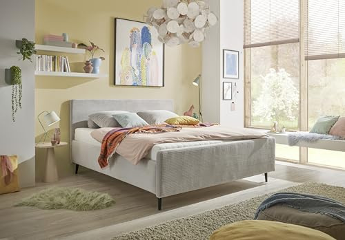 Stella Trading Polsterbett 180x200 Peach in Cord-Optik, Bettgestell mit gepolstertem Kopfteil & Holzfüßen, modernes Stoffbett, ohne Matratze & Lattenrost, Silber