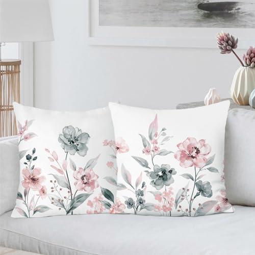 Bonhause 45 x 45 Kissenbezug Blumen Aquarell Grau Rosa Blume | 2er Set Smat Soft Dekorative Kissenhülle Zierkissenbezüge für Sofa Schlafzimmer Zuhause Garten Terrasse Dekoration